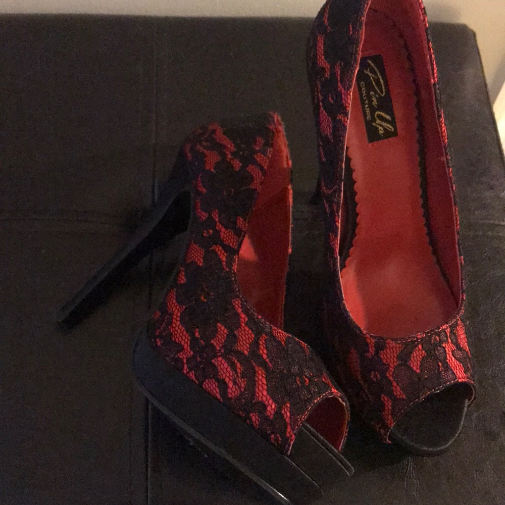 Red and Black Lace Couture 5  1/2 inch heel